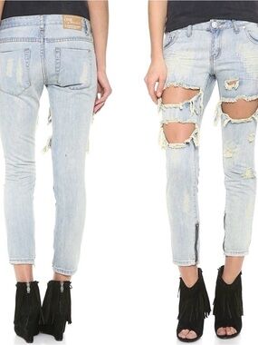 One Teaspoon Light Blue Distressed Ankle Jeans